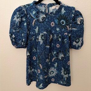 LOFT Navy & Teal Floral Puff-Sleeve Blouse